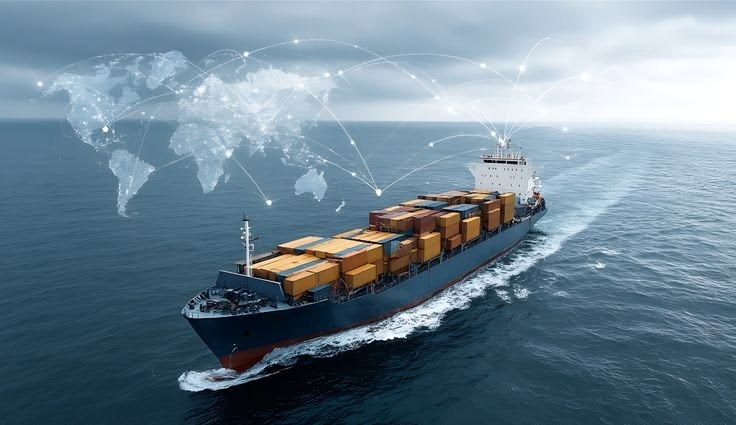Container ship at sea with a digital network visualisation