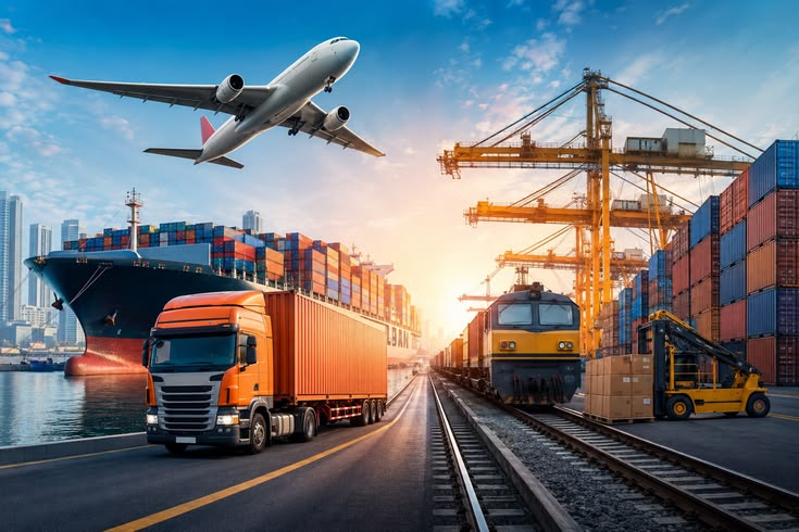 Cargo plane flying above a port and freight vehicles