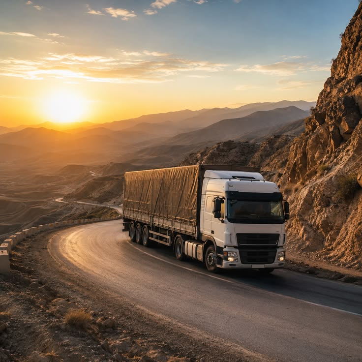 Freight truck navigating a winding mountain road