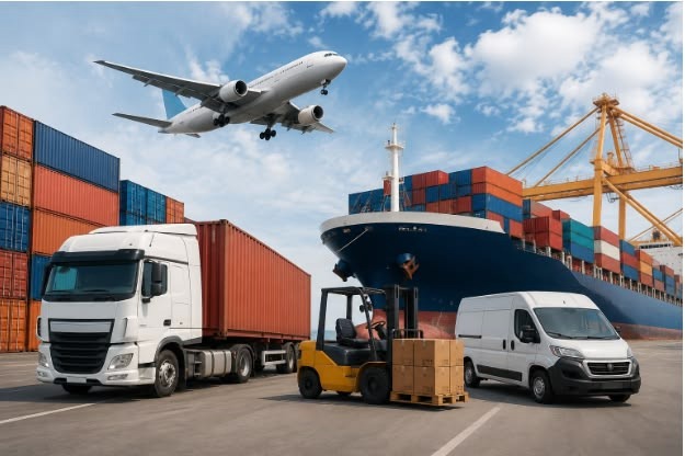 Freight transport by road, sea and air at a cargo terminal