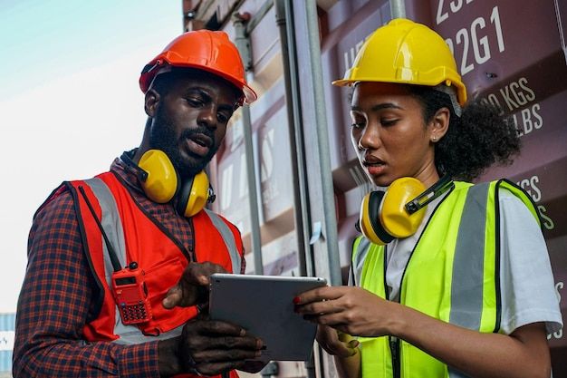 Logistics staff reviewing cargo information on a tablet